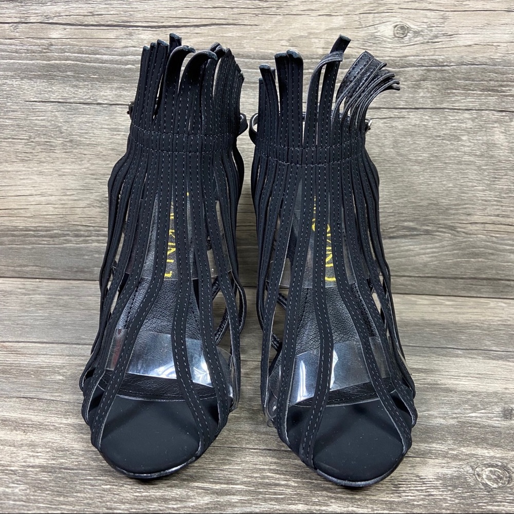 NEW Black Fringe Open Toe Stiletto Heels - Picture 6 of 9